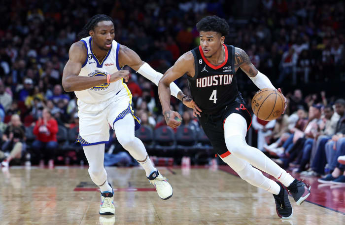 Troy Taormina-USA TODAY Sports, Rockets guard Jalen Green (4) controls the ball as Golden State Warriors forward Jonathan Kuminga.